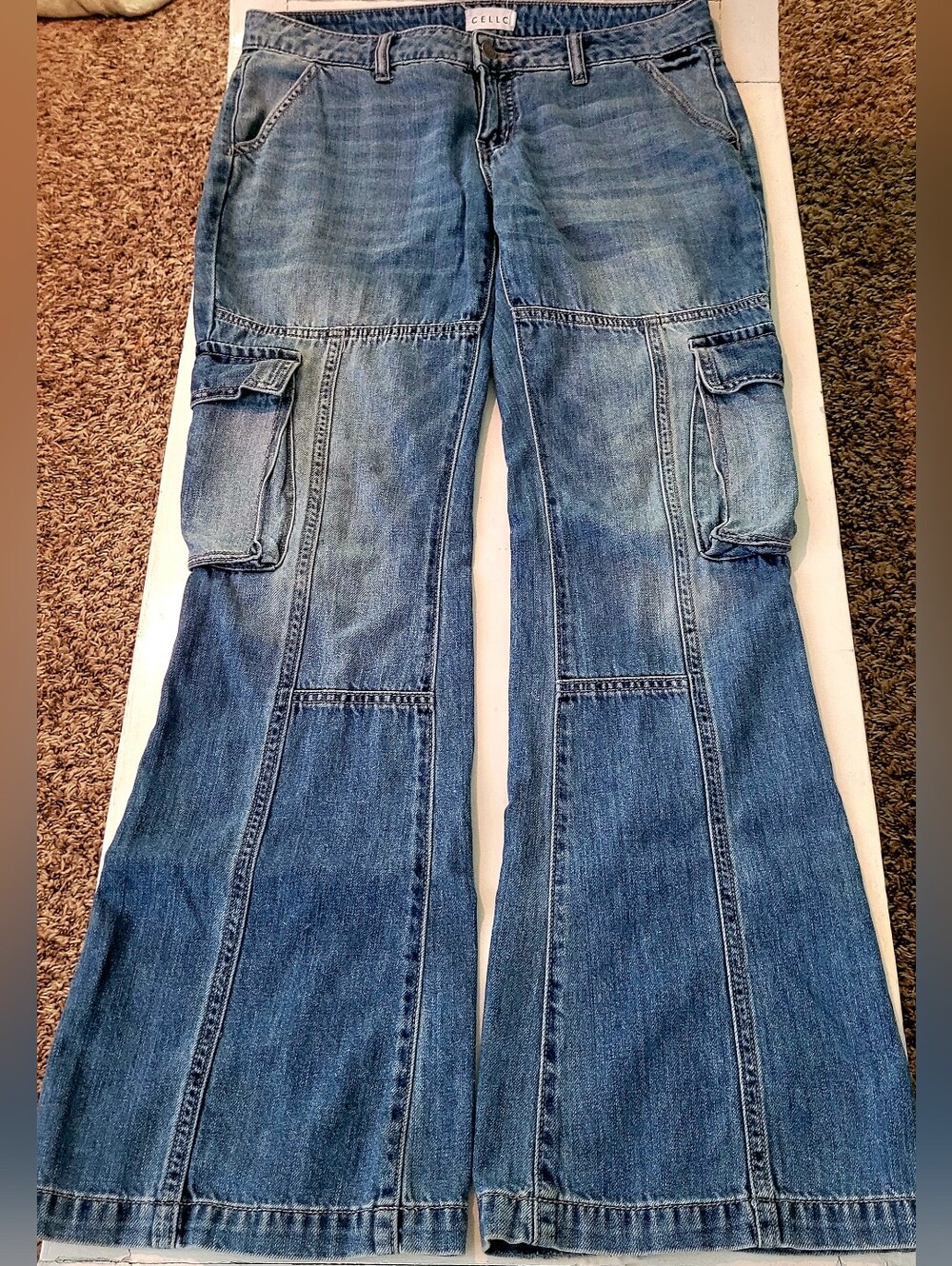Hip Cello Blue Patchwork Cargo Jeans w/ 32" Inseams
